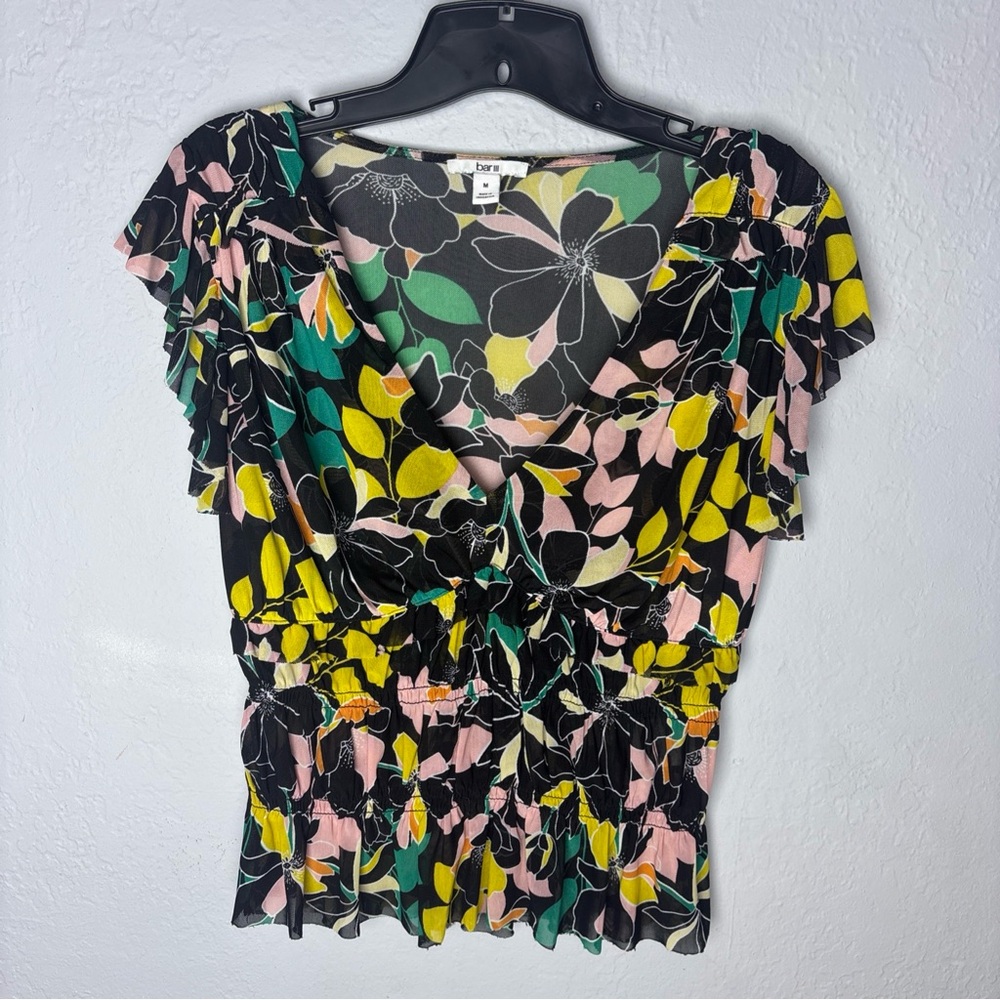 Bar III Floral Ruffle Blouse - Black, Yellow,‎ Pink, Green